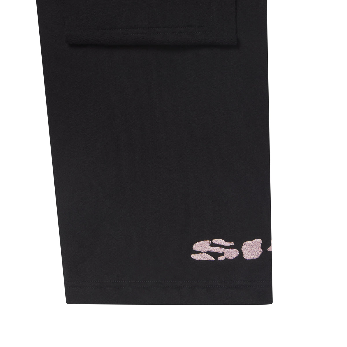 Black cotton fleece wide-leg sweatpants featuring a distressed pink graphic print and an oversized front pocket.