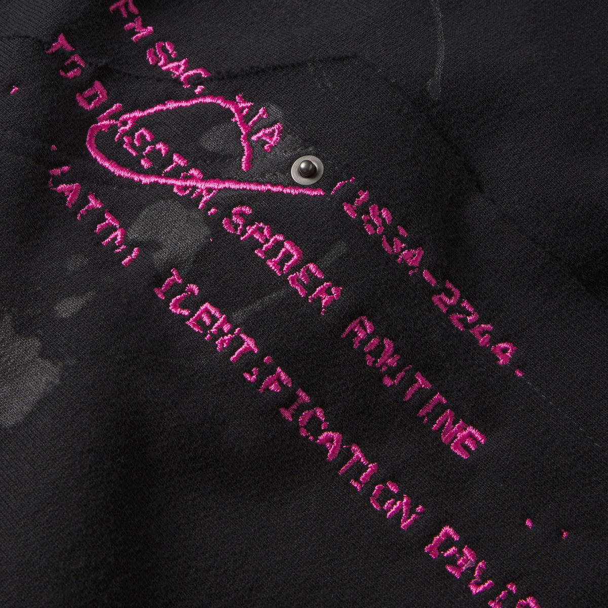 Black cotton fleece sweatpants featuring pink embroidered graphic text and distressed abstract prints.