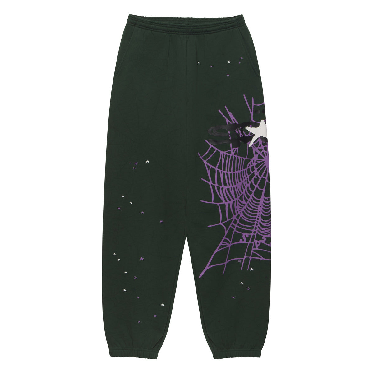 Dark green heavy cotton fleece sweatpants featuring a purple SP5DER web graphic and scattered star print design.