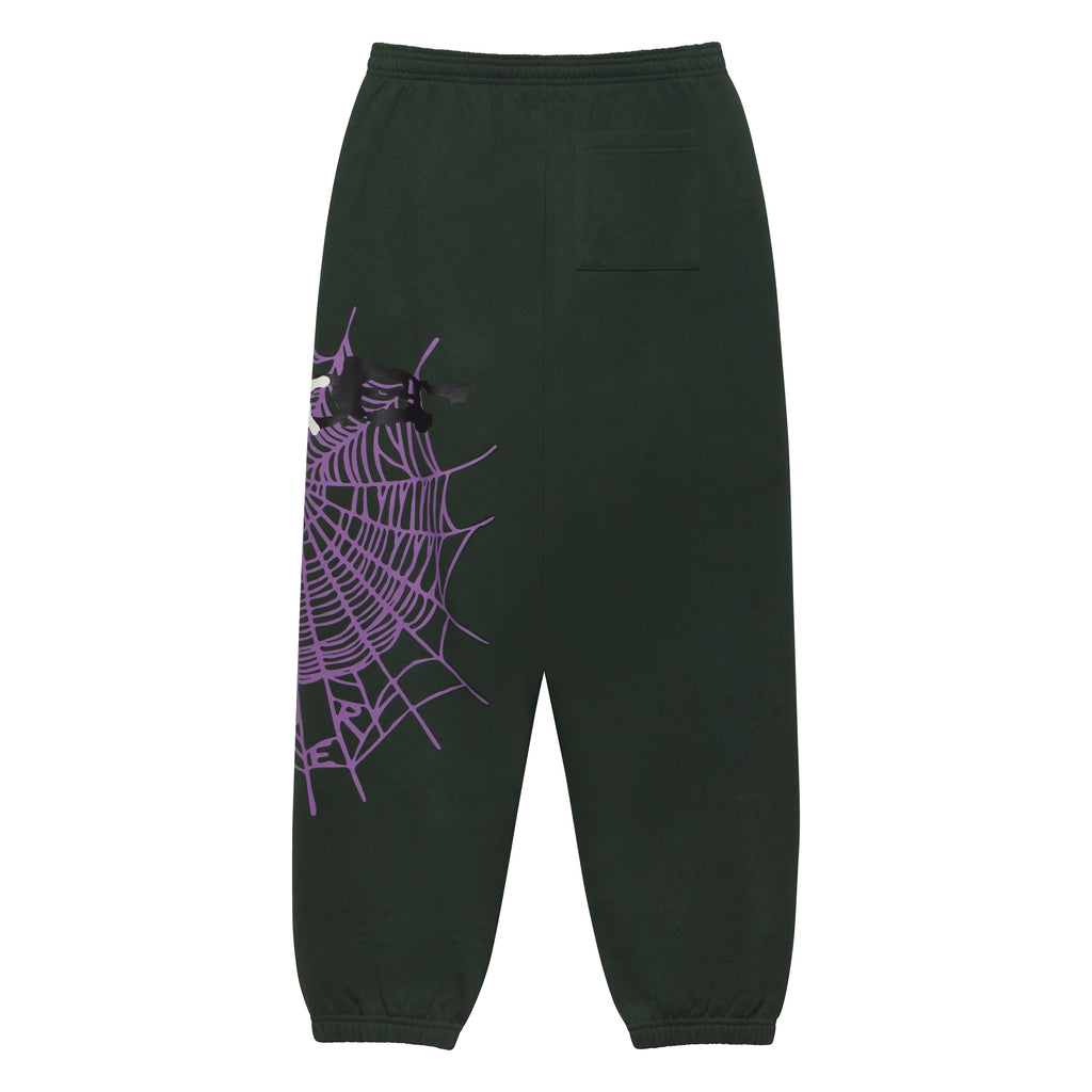 Dark green 13oz cotton fleece sweatpants featuring a purple SP5DER web graphic on the leg and elasticized cuffs.