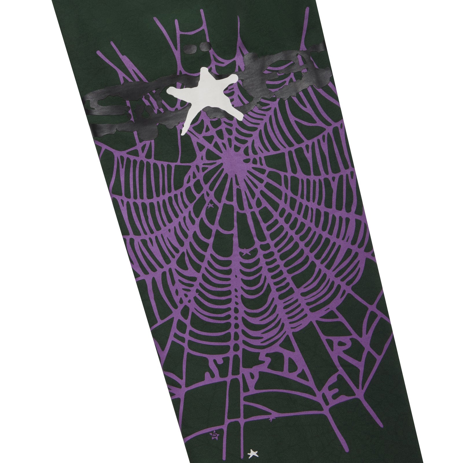 Heavyweight cotton sweatpants in dark green featuring a purple SP5DER web graphic and white star print design.