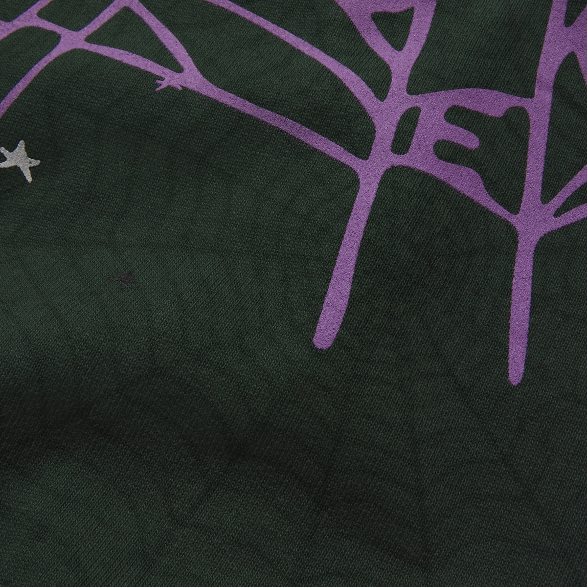 Dark green 13oz cotton fleece sweatpants featuring a purple SP5DER web graphic and scattered star print design.