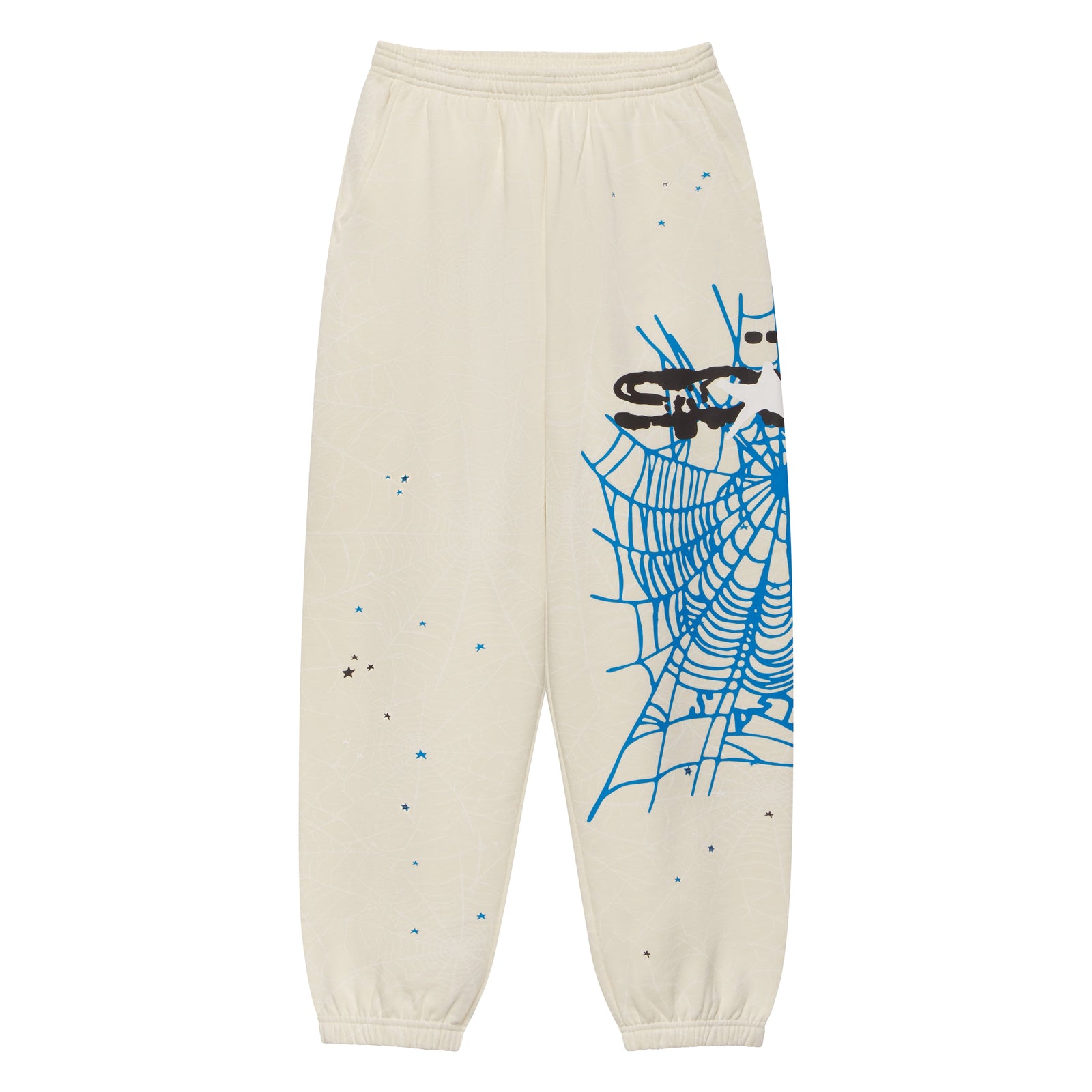 Off-white 13oz cotton fleece sweatpants featuring a blue SP5DER web graphic, scattered star print, and elasticized cuffs.