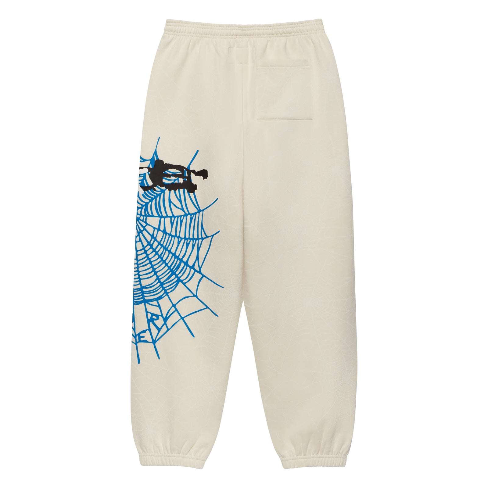 Off-white 13oz cotton fleece sweatpants featuring a blue SP5DER web graphic, scattered star print, and elasticized cuffs.