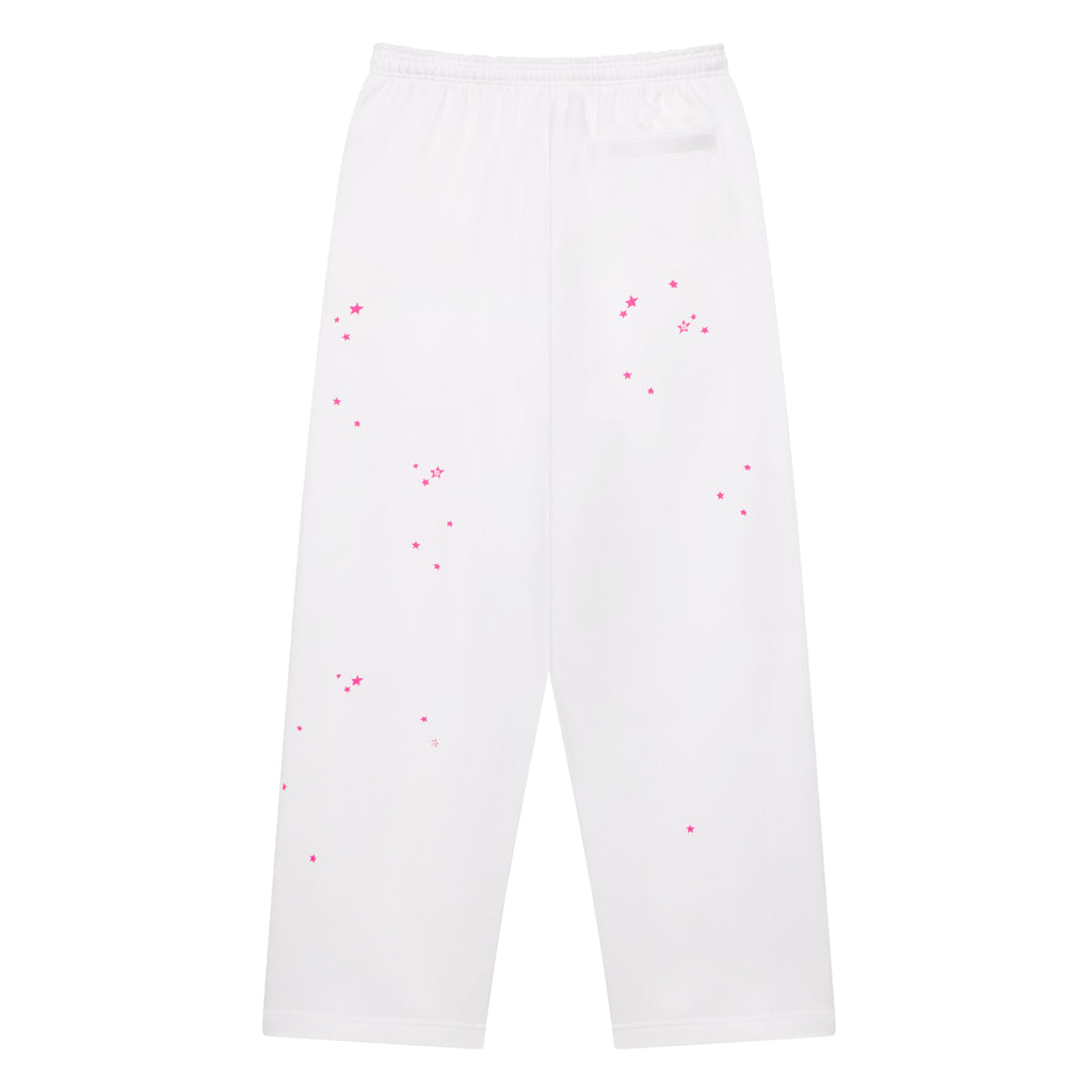 White french terry wide leg sweatpants with scattered pink star print and elastic drawstring waistband.