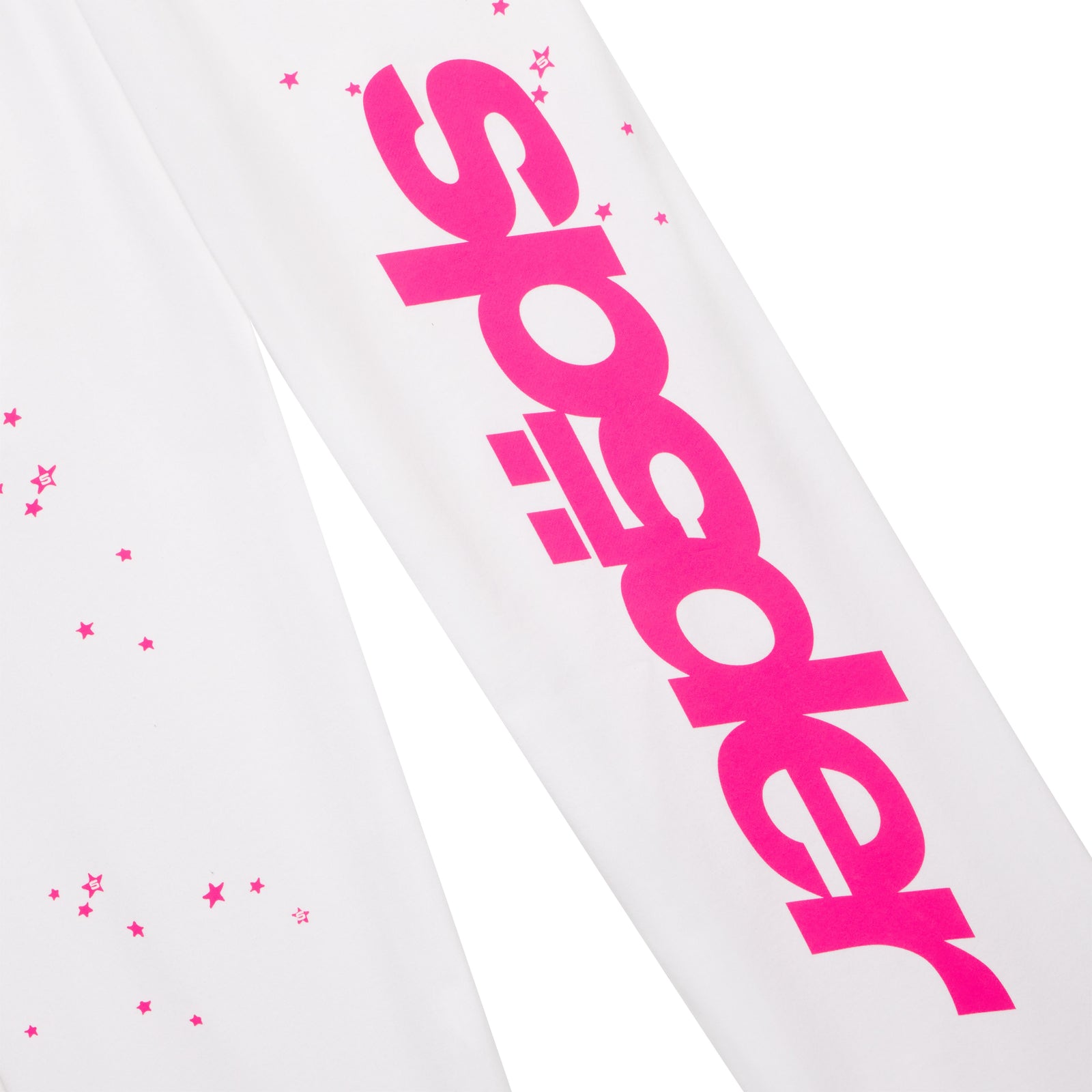 White french terry wide leg sweatpant with a bright pink "sp5der" graphic and scattered stars.
