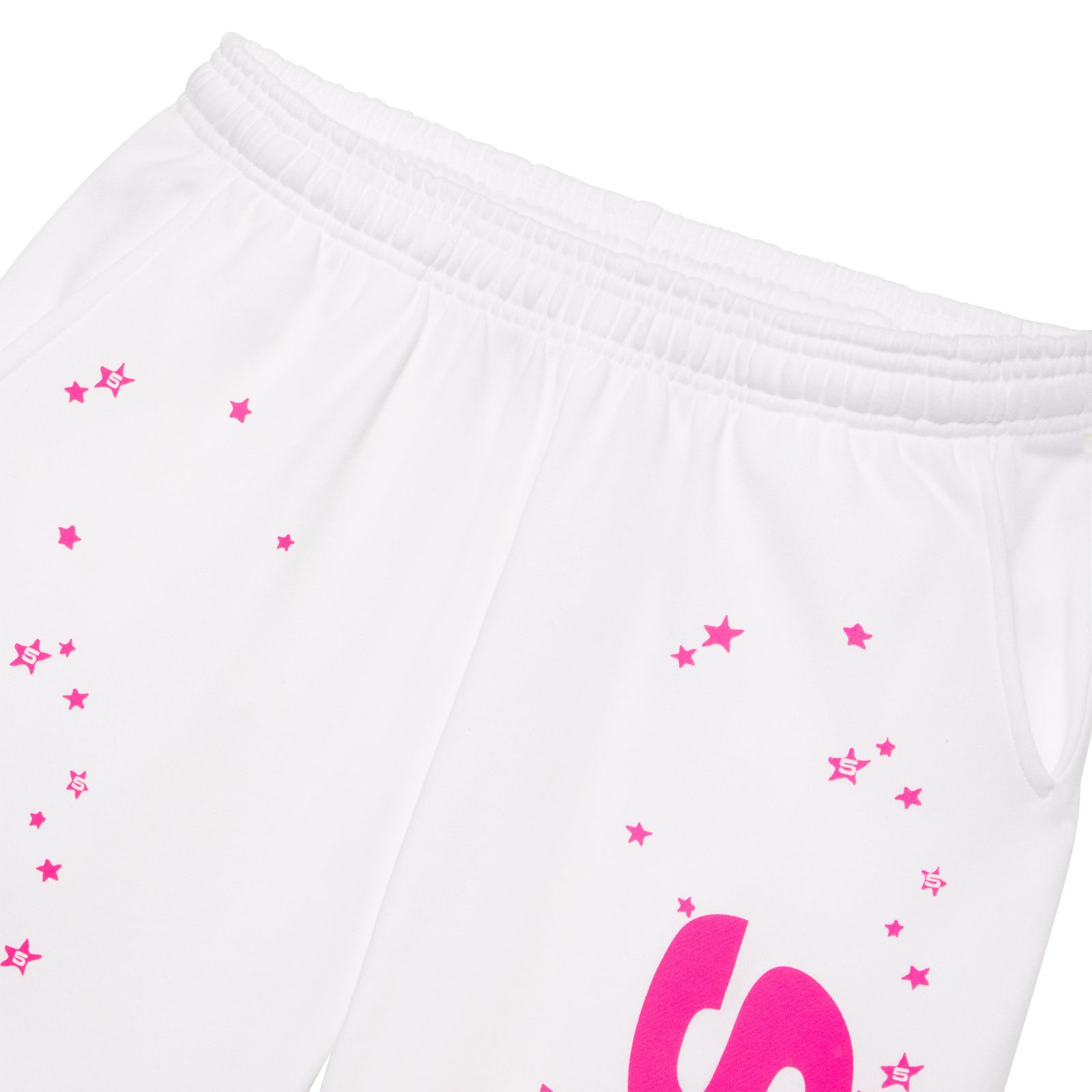 White french terry wide leg sweatpants with pink fractured logo and scattered star print.