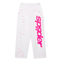 White french terry wide leg sweatpants with a pink fractured logo and scattered star print.