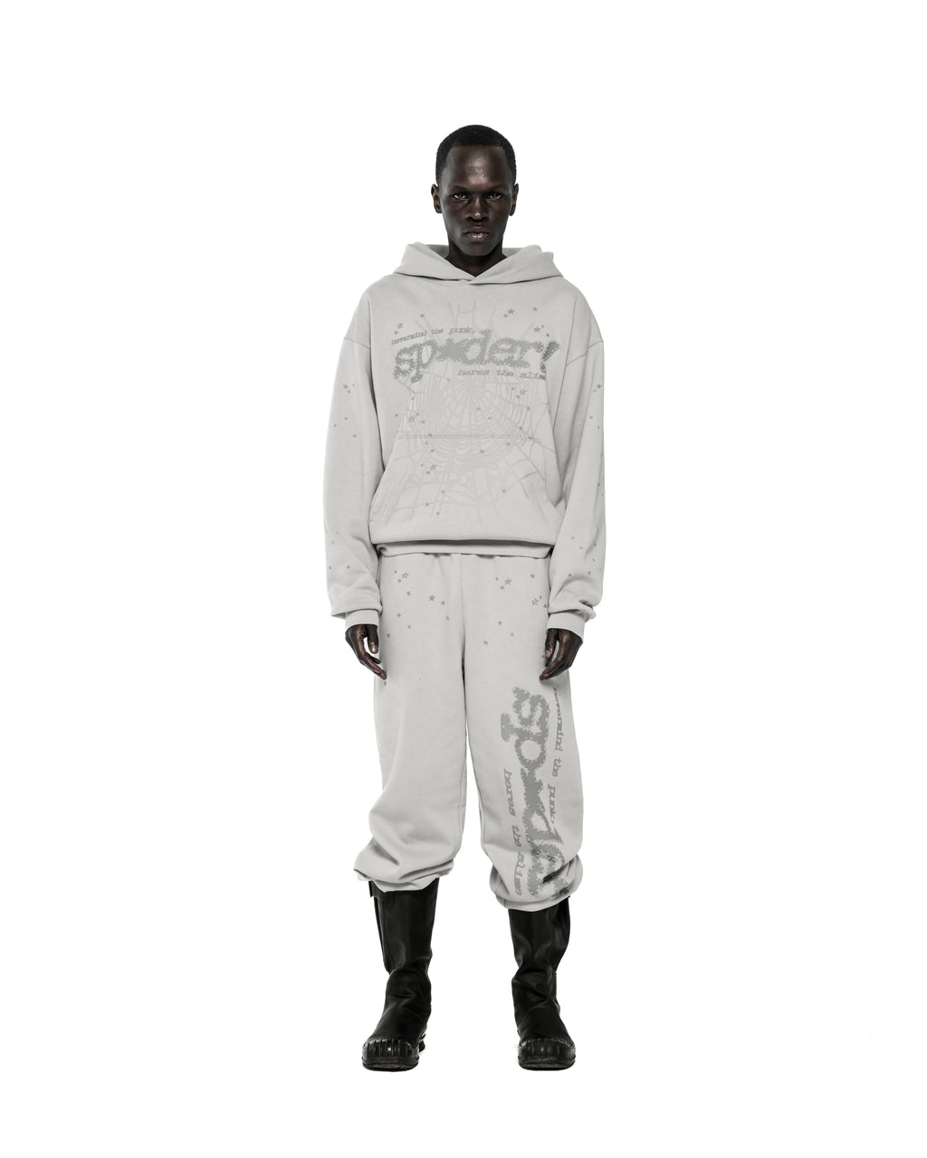 Light gray cotton fleece hoodie with "sp5der" text, web, and scattered stars.