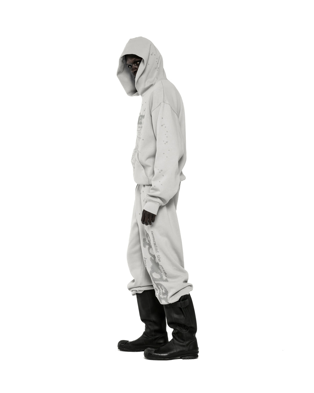 Light gray cotton fleece TONAL PUNK V2 hoodie and sweatpants with puff print web and scattered stars.