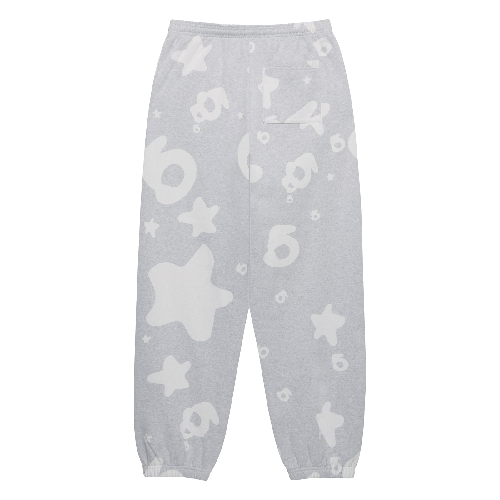 BELUGA V2 Sweatpants, light grey 100% cotton fleece with white puff print stars and numbers.
