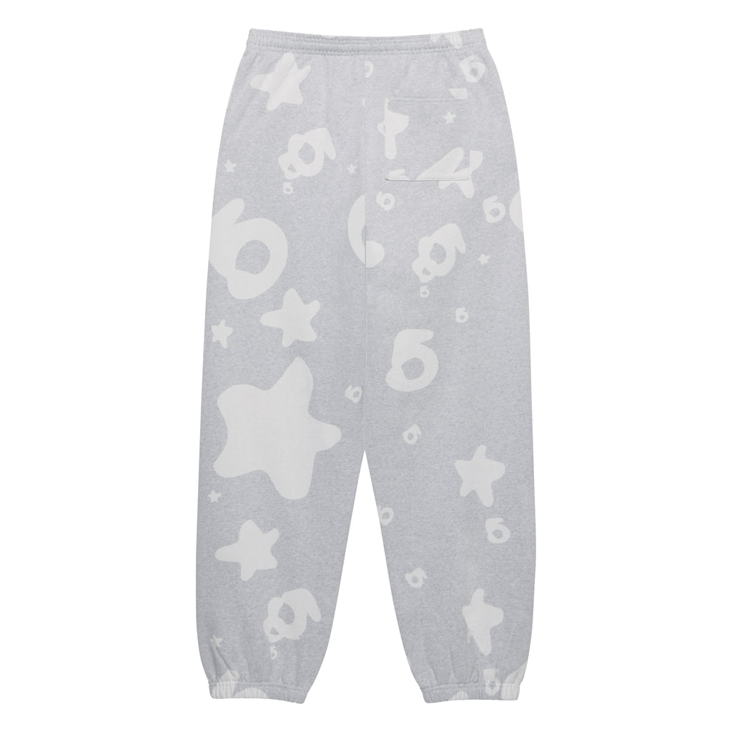 BELUGA V2 Sweatpants, light grey 100% cotton fleece with white puff print stars and numbers.