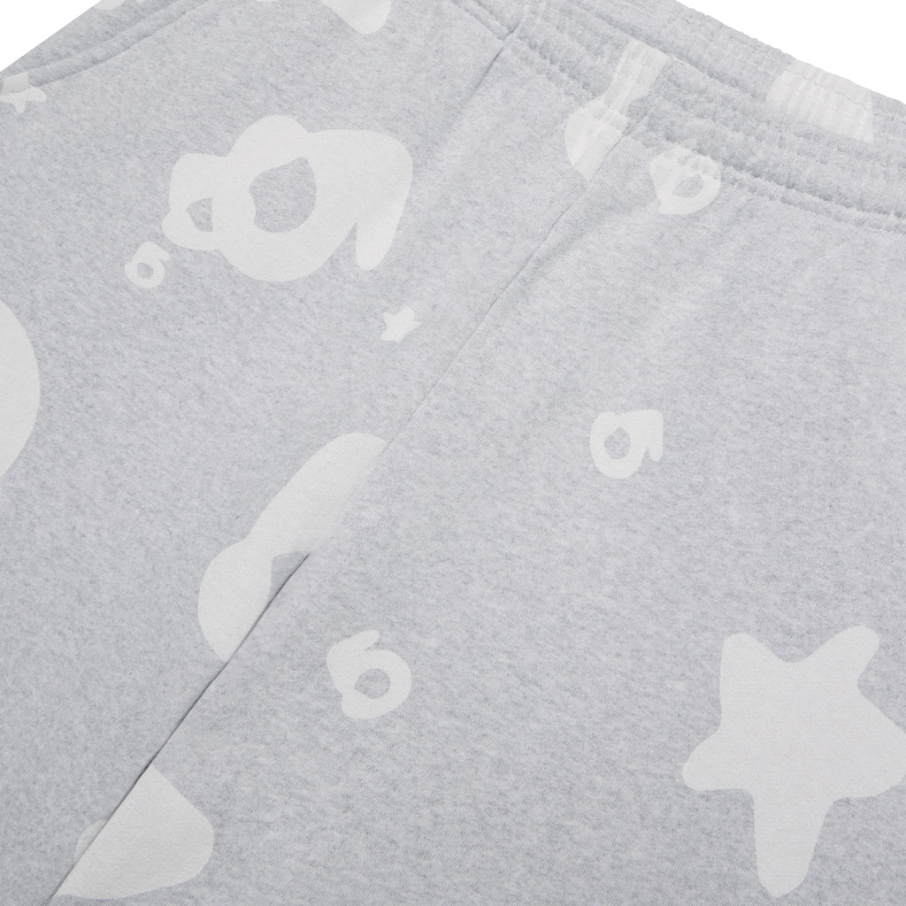 Close-up of gray Beluga V2 sweatpants with white all-over puff print design.