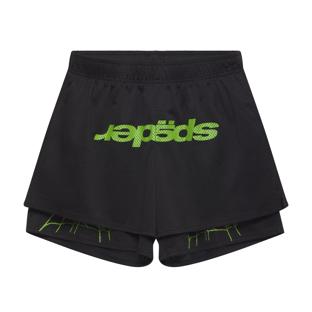 Black double-layer mesh shorts with green graphic text on the front and web print on the inner layer.