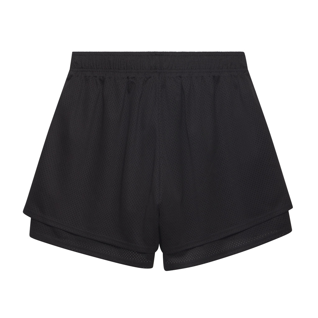 Black double-layer mesh shorts with an elasticized waistband and breathable athletic design.