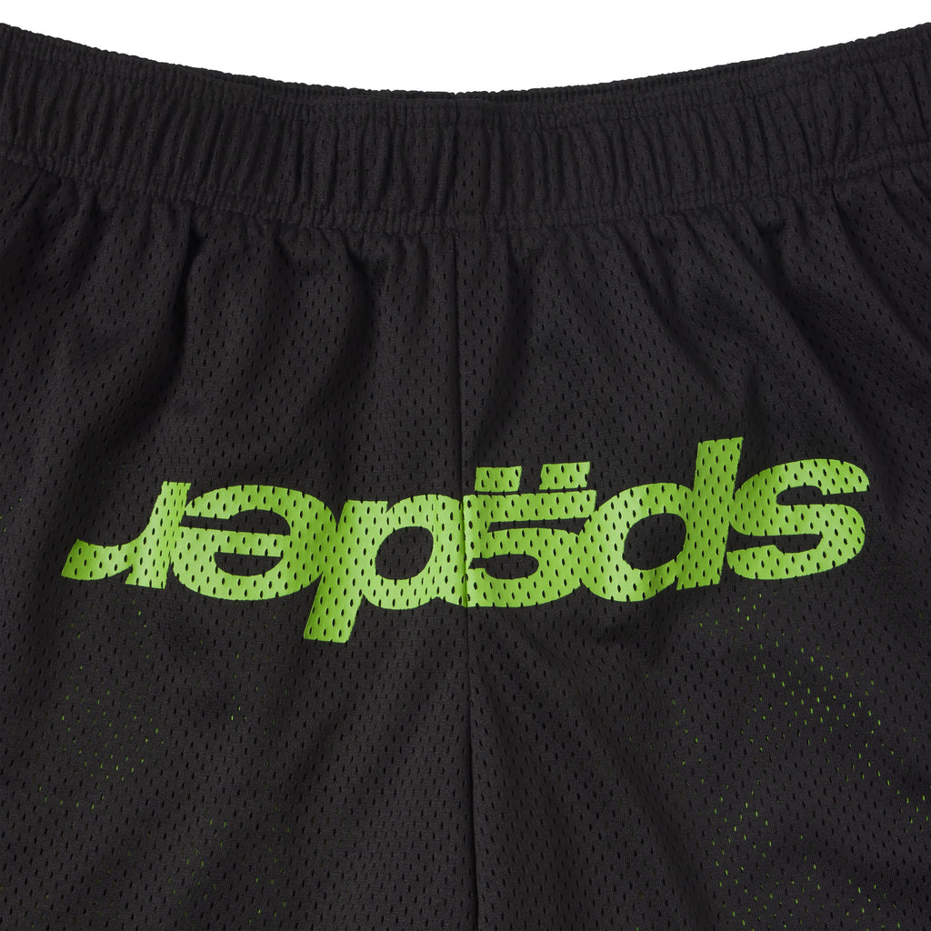 Black breathable mesh shorts with a green graphic print logo and an elasticized waistband.