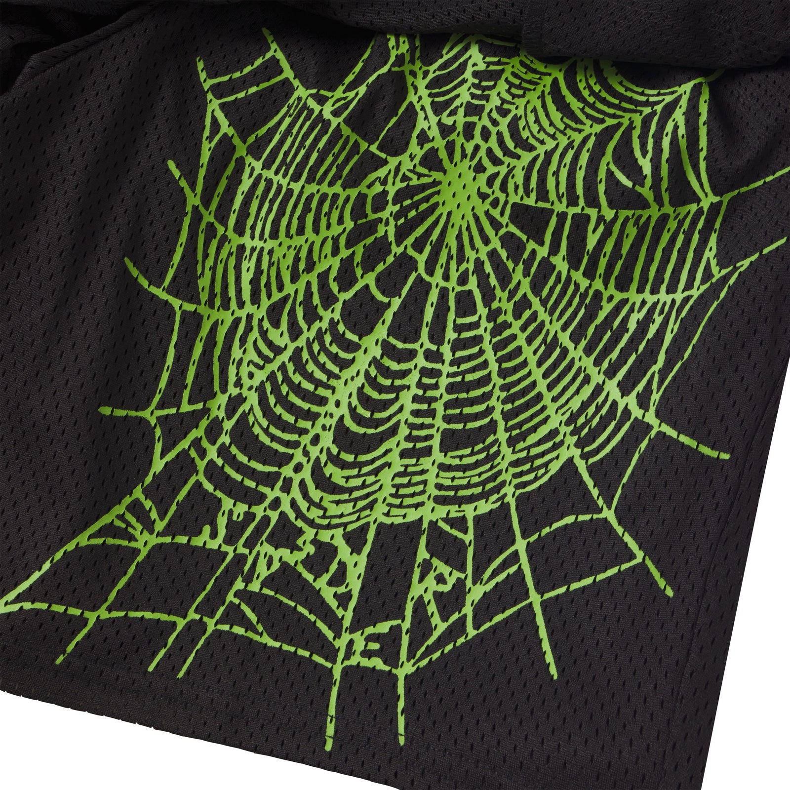 Black breathable mesh shorts featuring a vibrant green spider web graphic print on the layered fabric.