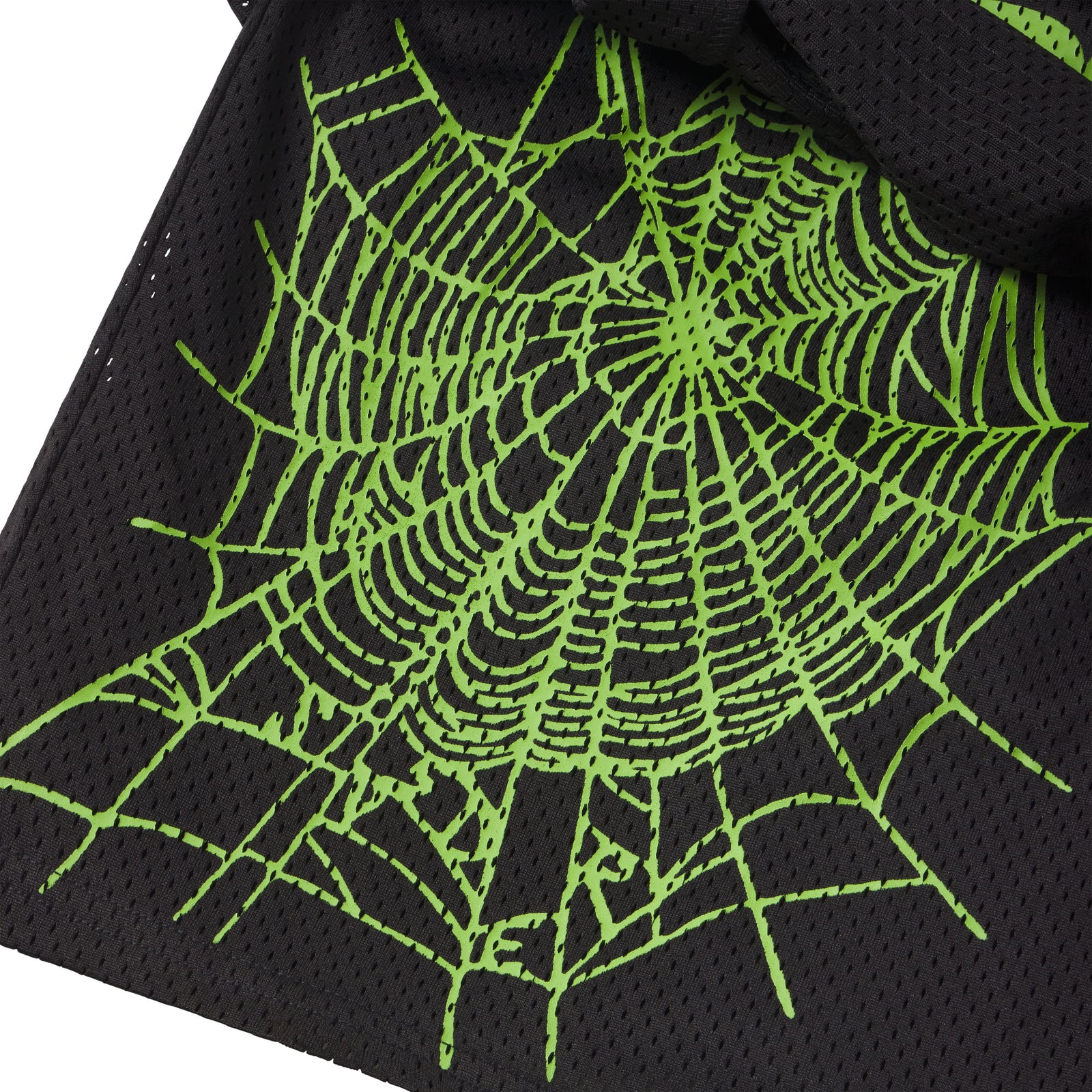 Black breathable mesh shorts featuring a vibrant green spider web graphic print on the layered fabric.