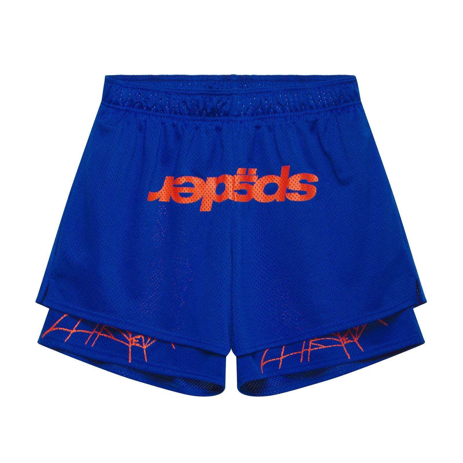 Blue double-layer mesh shorts with orange graphic print, elasticized waistband, and high-low hem design.