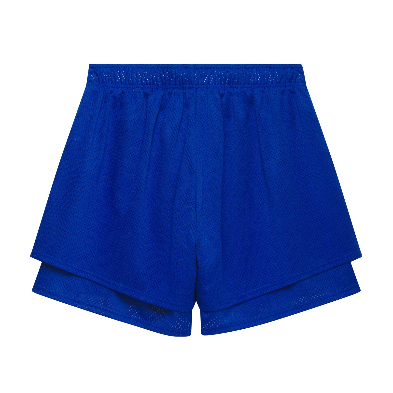 Royal blue double-layer mesh athletic shorts with an elasticized waistband and breathable fabric design.