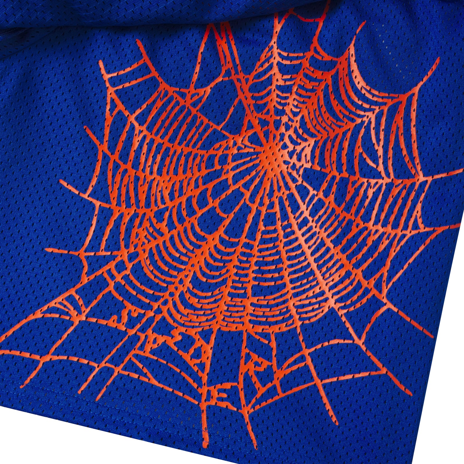 Blue breathable mesh shorts featuring a bold orange spider web graphic print on the front layer.