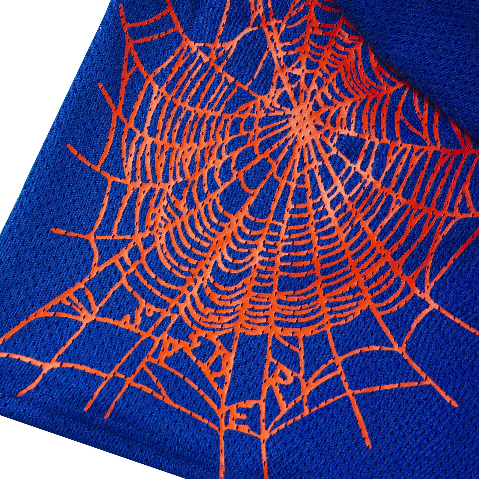 Blue breathable mesh shorts featuring a bold orange spider web graphic print and double-layer design.