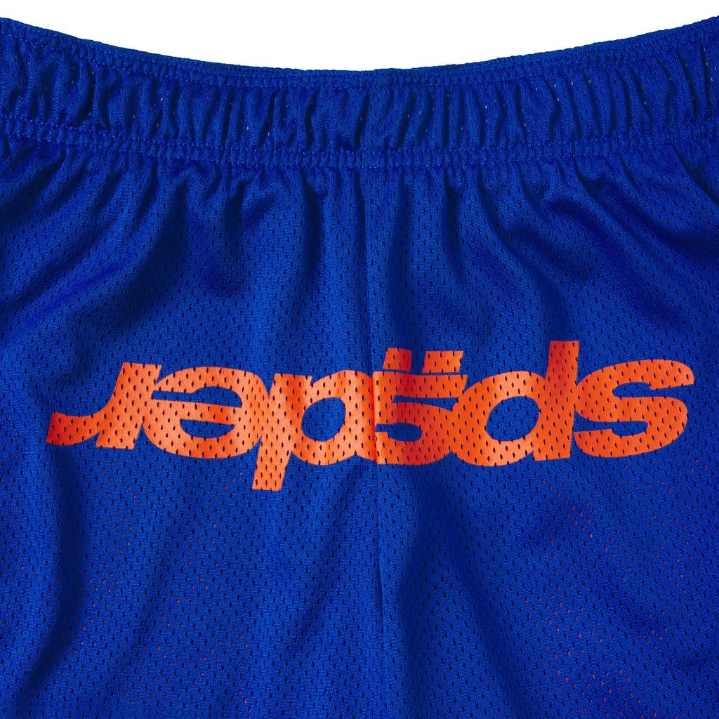 Blue breathable mesh shorts with an elasticized waistband and orange graphic text print on the front.
