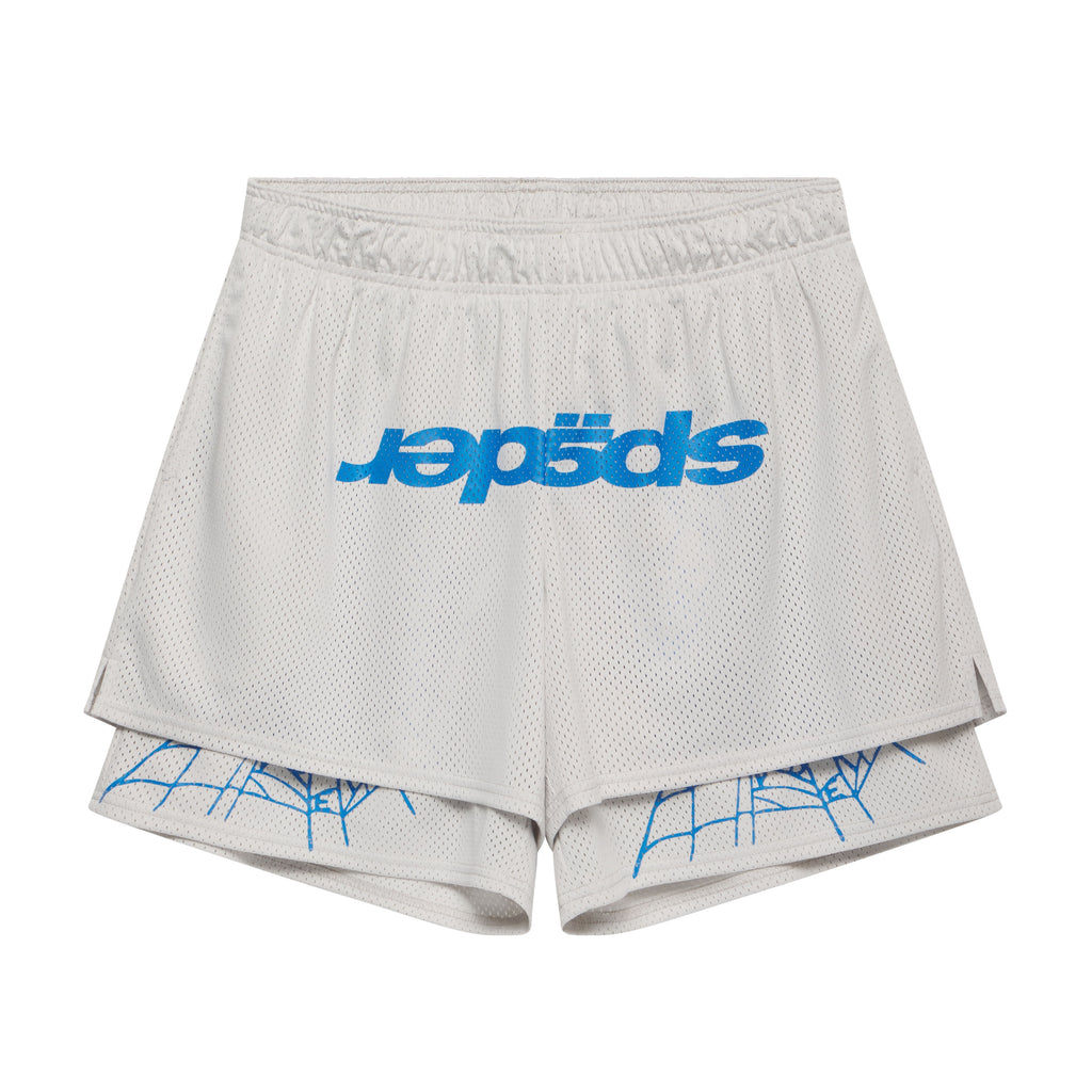White double-layer mesh shorts with blue graphic text and web print, featuring an elasticized drawstring waistband.