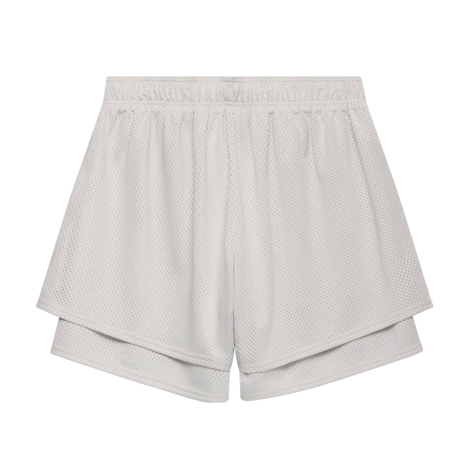 White double-layer mesh shorts with a high-low hem, elasticized waistband, and breathable athletic fabric construction.