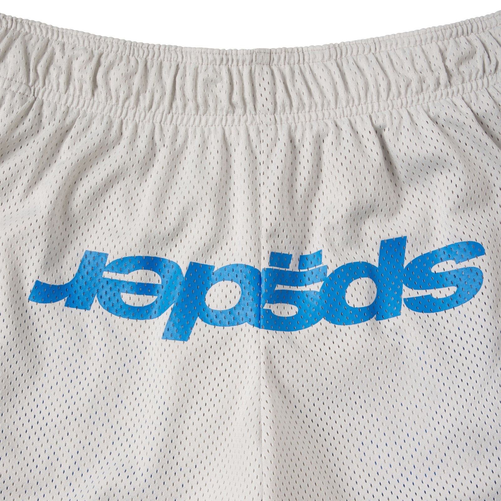 White mesh double-layer shorts featuring a blue graphic print logo and an elasticized waistband.