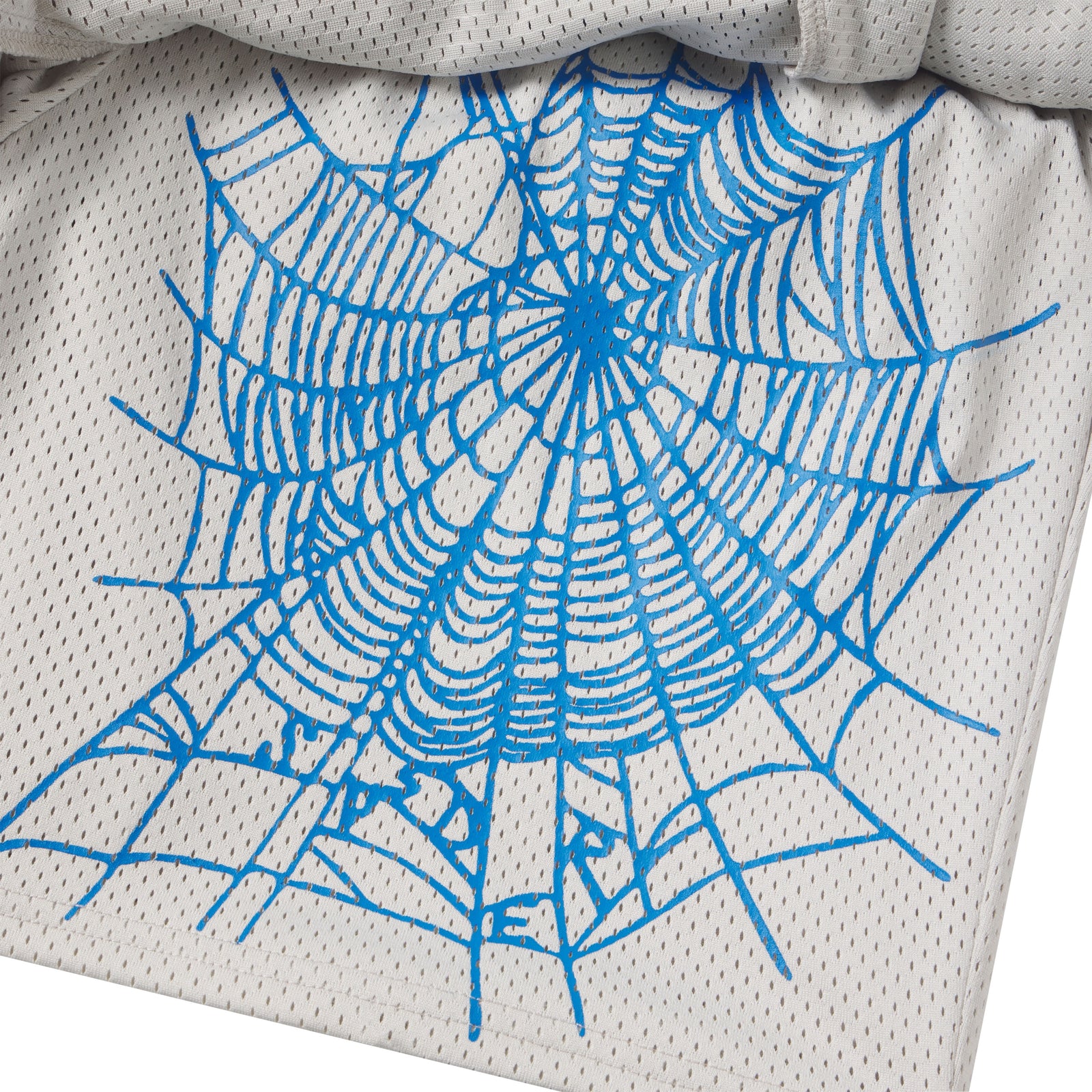 White double-layer mesh shorts featuring a blue spiderweb graphic print on the front.