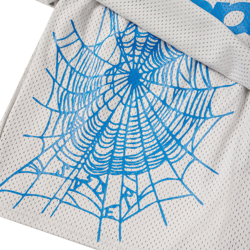 Light grey breathable mesh double-layer shorts featuring a blue web graphic print and text design.