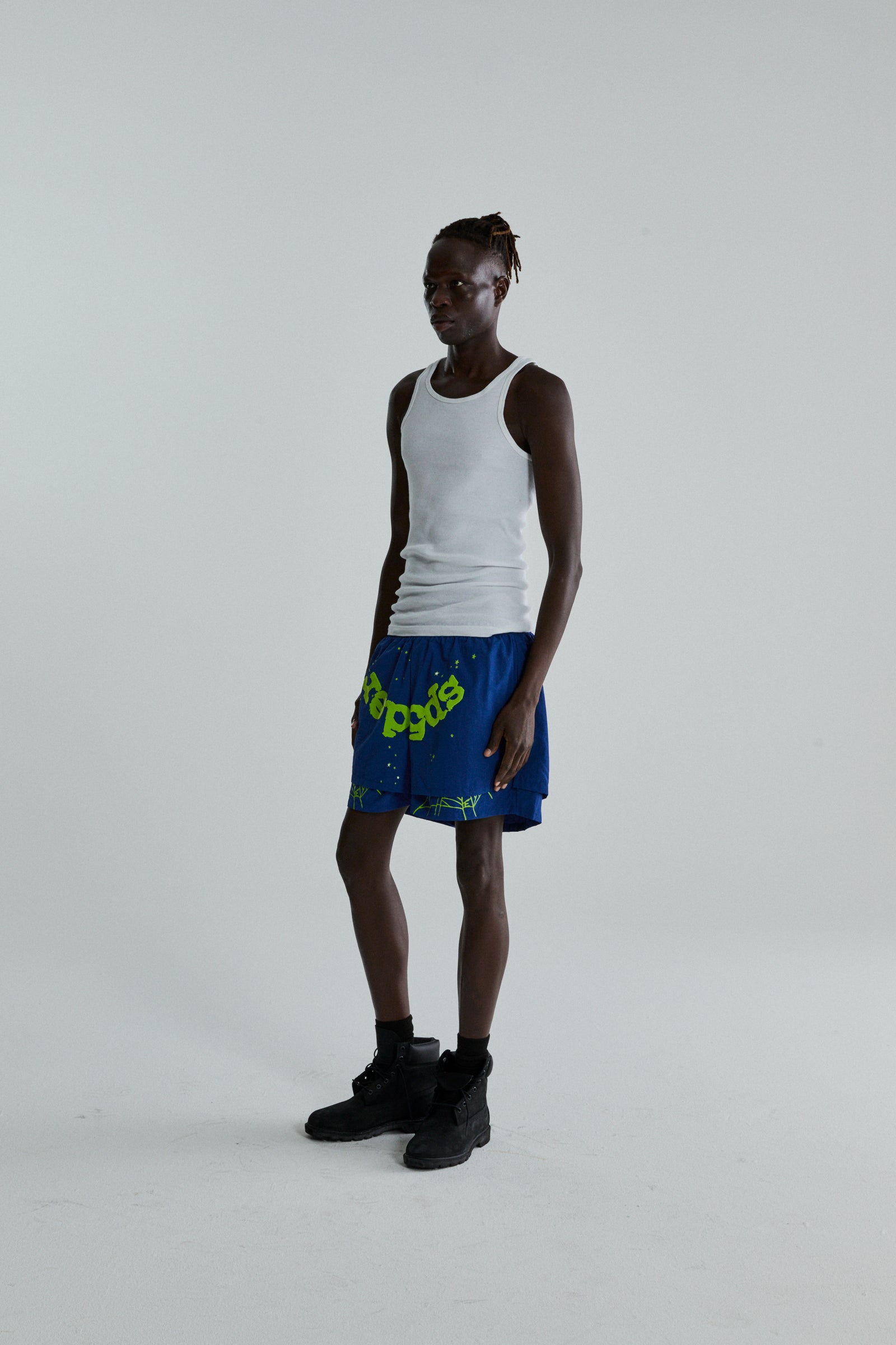 BLUE OG WEB DOUBLE LAYER SHORTS ON MODEL