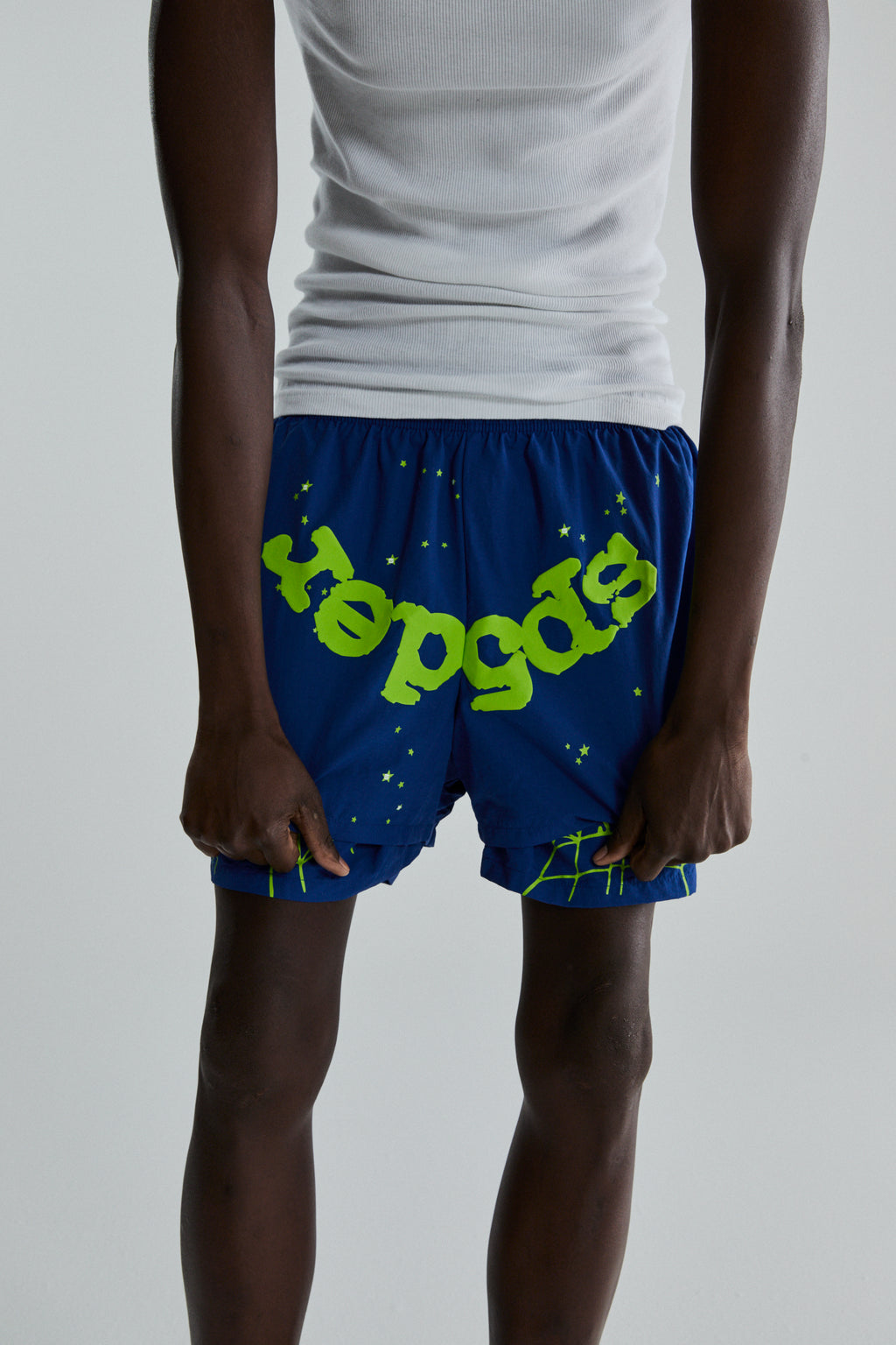 BLUE OG WEB DOUBLE LAYER SHORTS ON MODEL