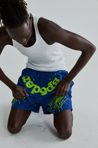 BLUE OG WEB DOUBLE LAYER SHORTS ON MODEL