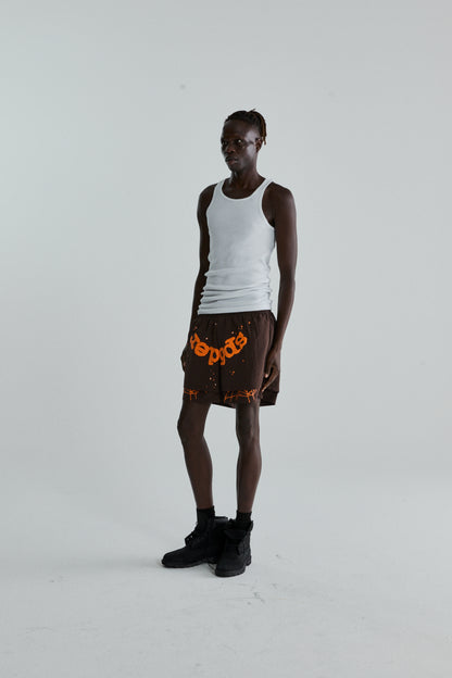 BROWN OG WEB DOUBLE LAYER SHORTS ON MODEL