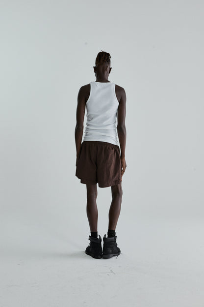 BROWN OG WEB DOUBLE LAYER SHORTS ON MODEL