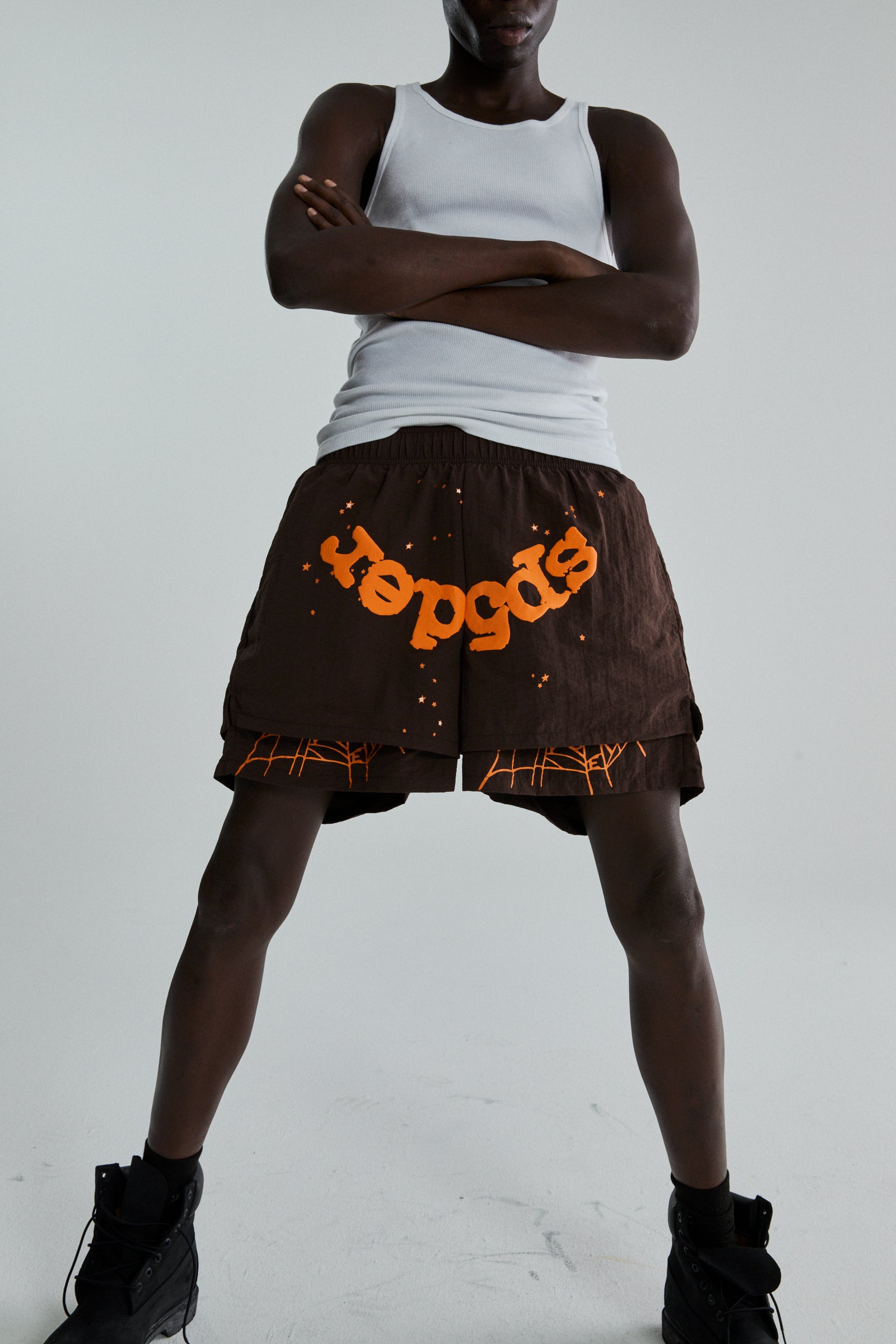 BROWN OG WEB DOUBLE LAYER SHORTS ON MODEL