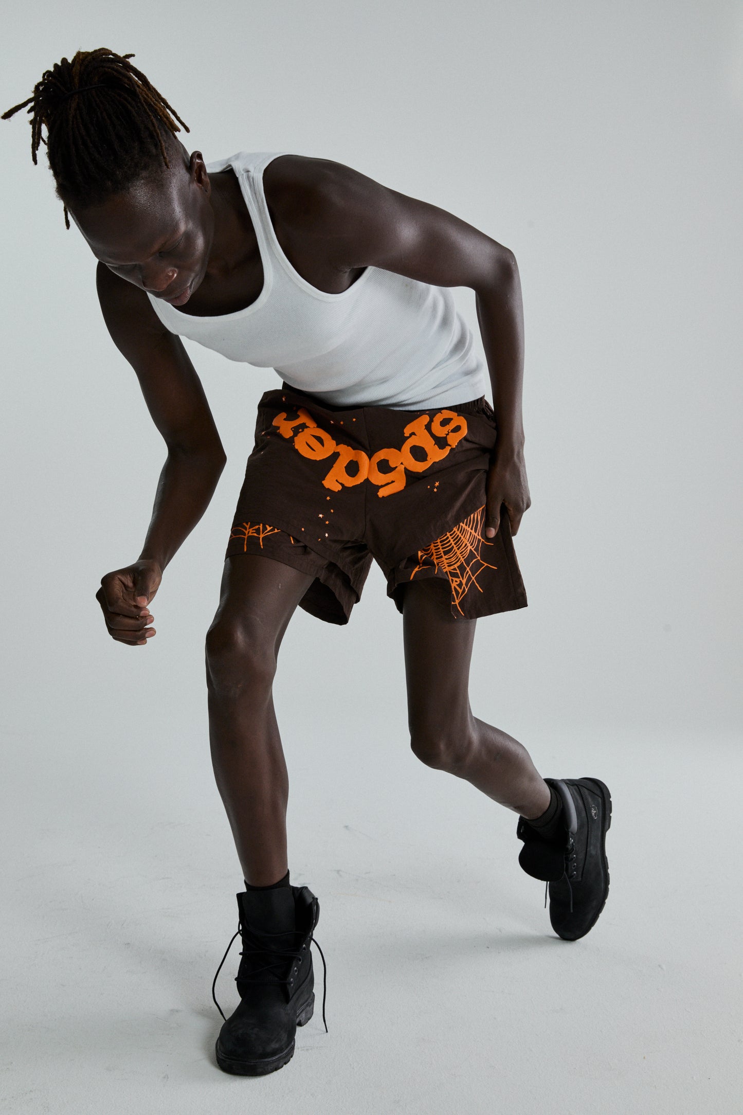 BROWN OG WEB DOUBLE LAYER SHORTS ON MODEL