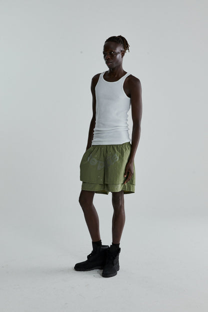 SAGE GREEN OG WEB DOUBLE LAYER SHORTS ON MODEL