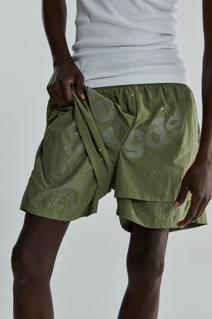 SAGE GREEN OG WEB DOUBLE LAYER SHORTS ON MODEL