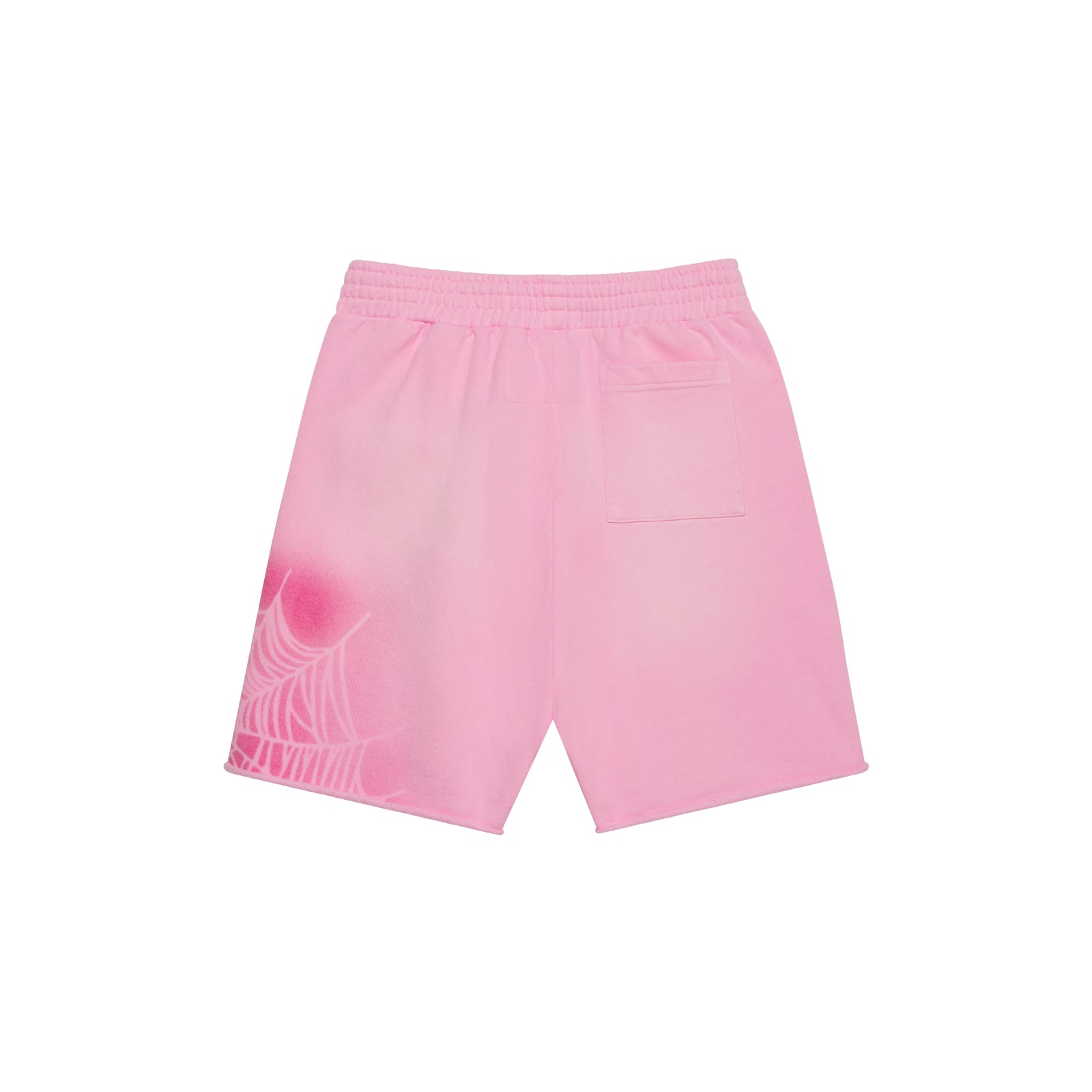 Pink cotton fleece sweatshorts with a white spray web graphic print and raw hem.