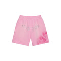 Pink cotton fleece sweatshorts with rhinestone "SP5DER" text and a white spray web graphic design.