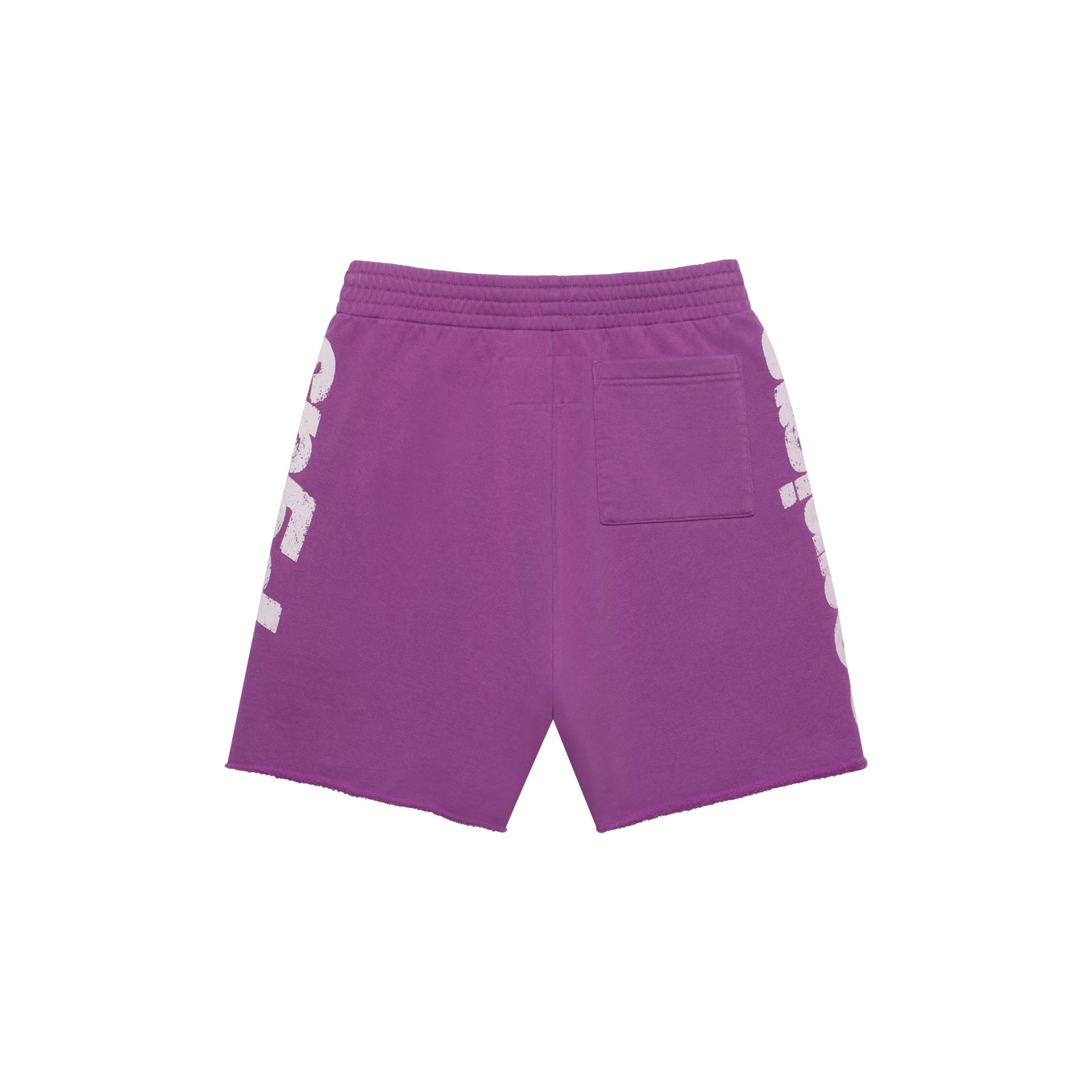 Purple cotton fleece sweatshorts with white graphic print on front and sides, drawcord, back patch pocket, and raw hem.
