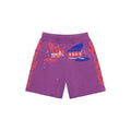 Purple 13oz cotton fleece sweatshorts with red and blue graphic print, drawcord, and raw hem.