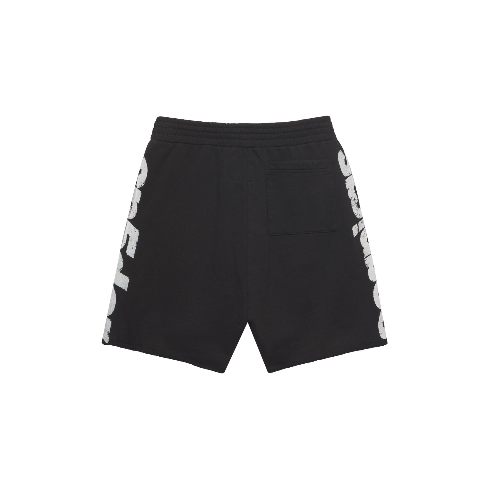 Black cotton fleece sweatshorts with white graphic print on sides, drawcord waistband, back patch pocket, and raw hem.