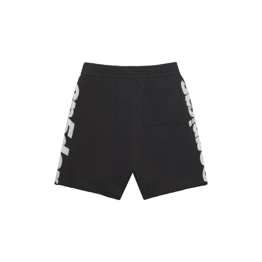 Black cotton fleece sweatshorts with white graphic print on sides, drawcord waistband, back patch pocket, and raw hem.
