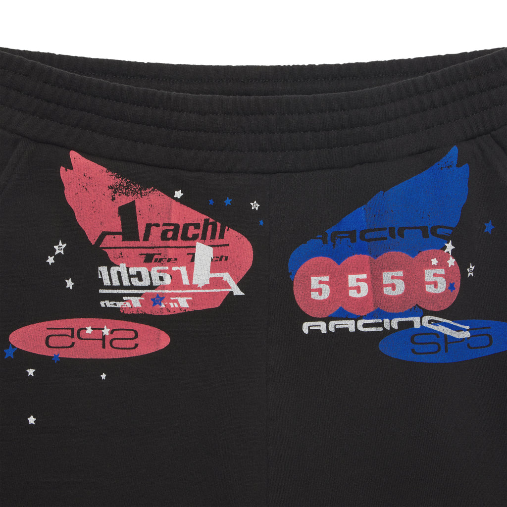 Black cotton fleece sweatshorts with red and blue tire tech graphic print, drawcord waistband, and raw hem.