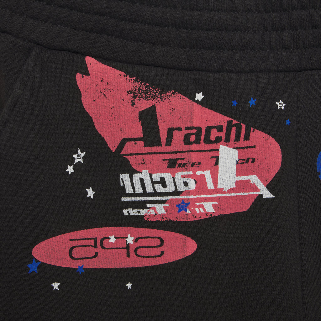 Black 13oz cotton fleece sweatshort with red, white, and blue graphic print, drawcord waistband, and raw hem.