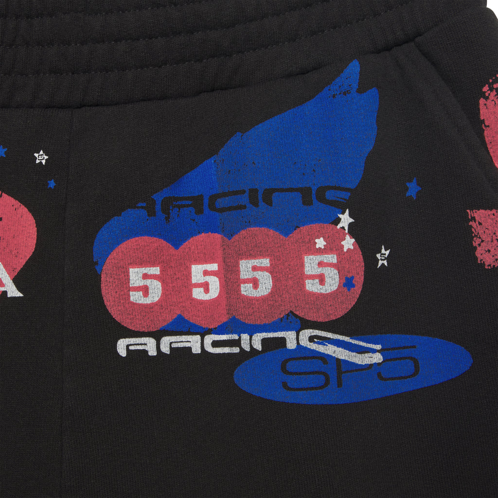 Black cotton fleece sweatshort with red and blue graphic print, "5555" text, and drawcord waistband.